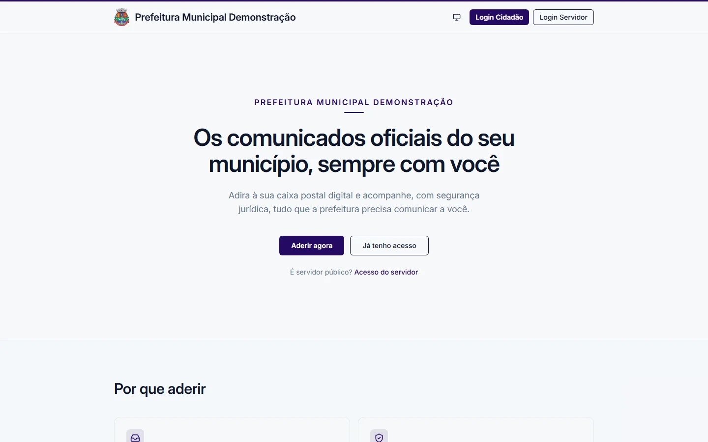 Portal do Cidadão de uma prefeitura de demonstração convidando o cidadão a aderir à caixa postal digital